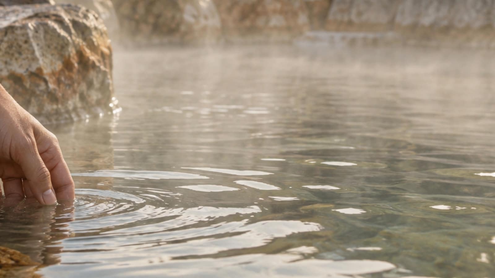Testing water temperature by hand at the edge of a natural hot spring pool