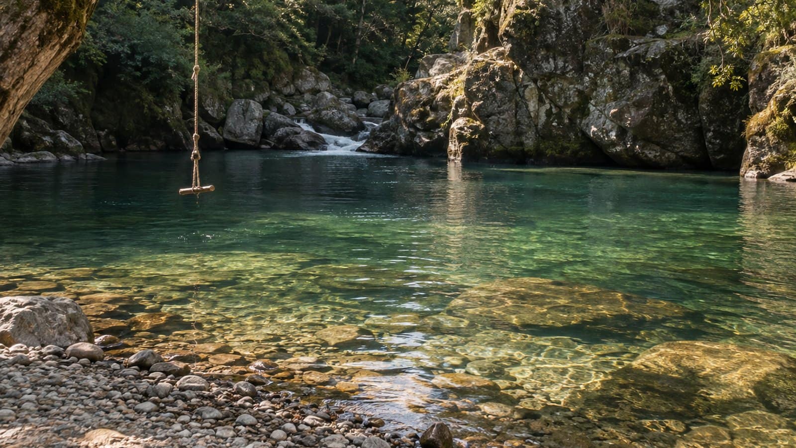 Rope swing over a river swimming hole with submerged rocks visible near the surface