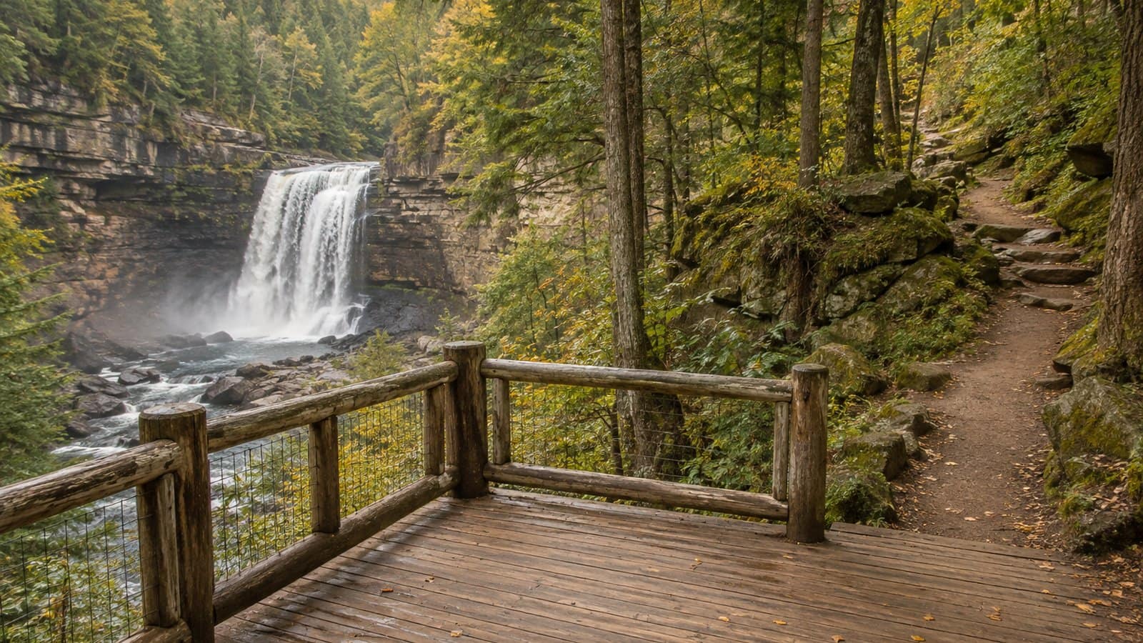 Marked trail and railing at a forest waterfall overlook