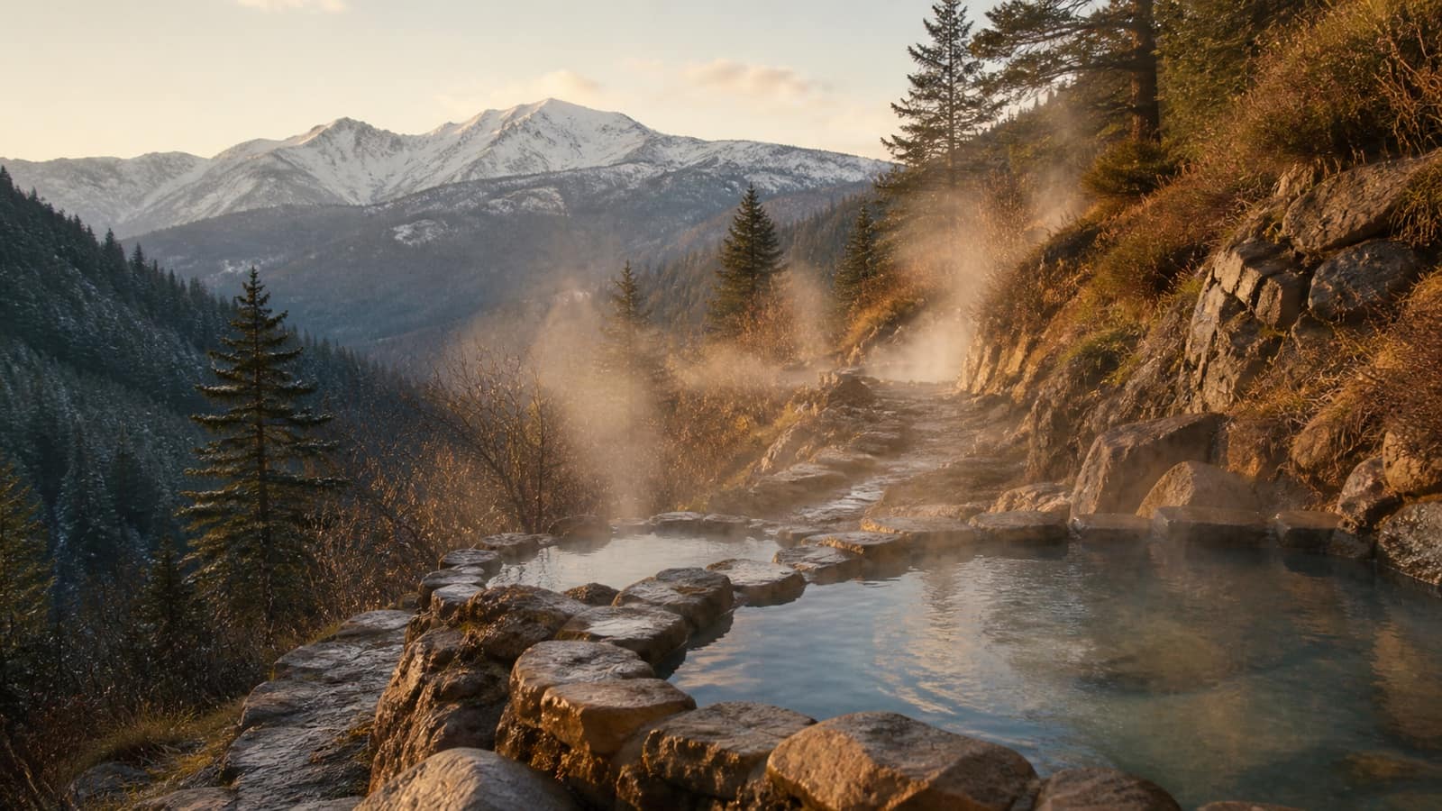 Stone-lined hot spring pools on a Colorado mountainside at golden hour
