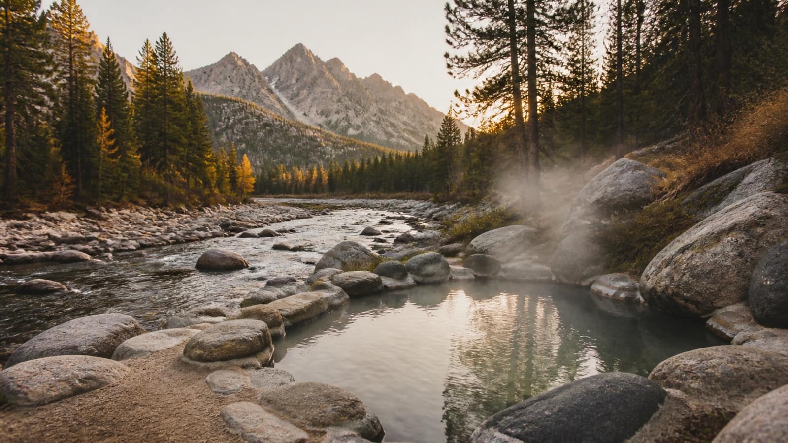 Rock-lined hot spring soaking pool beside a central Idaho river