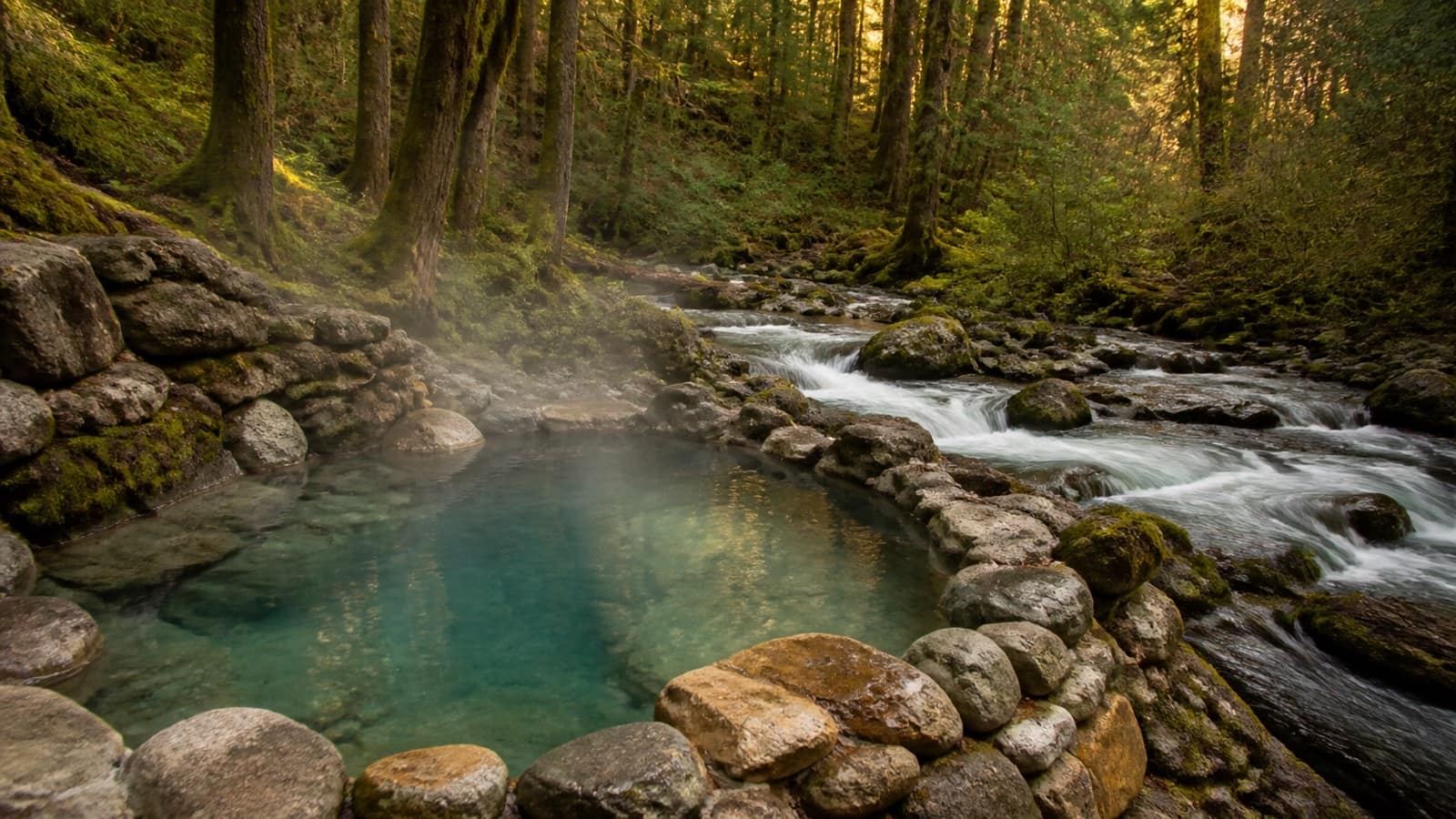 Rock-built hot spring pool along a forest creek in the Oregon Cascades