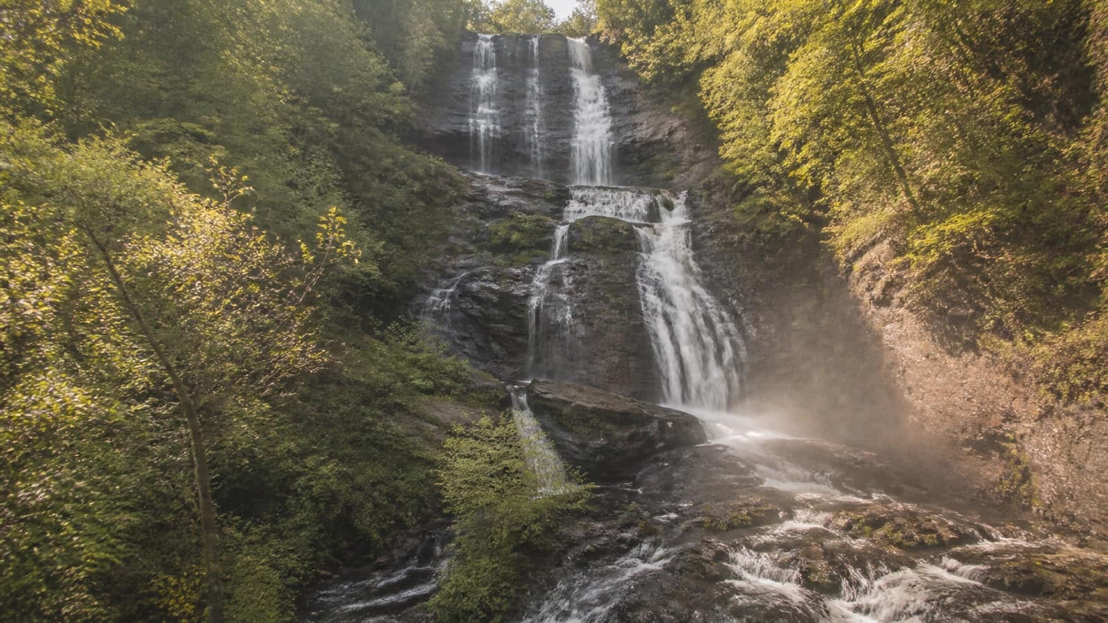Tall cascading waterfall in the north Georgia mountains