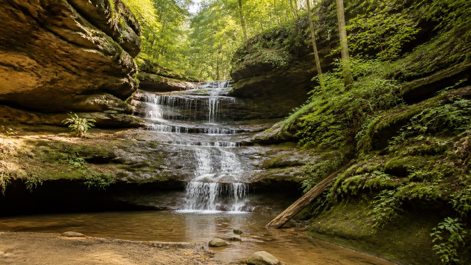 Waterfall cascading over sandstone ledges in Ohio's Hocking Hills region
